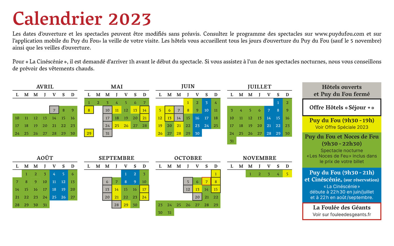 Calendrier Puy du Fou 2023